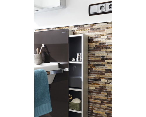 Scenă de baie cu chiuvetă, dulap cu oglindă Geberit și raft