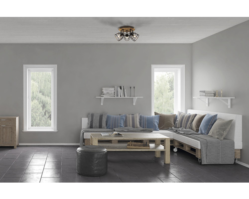 Cameră de zi cu plafonieră, canapea de colț și măsuță de cafea