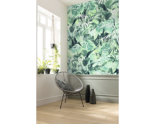 Cameră decorată cu tapet cu imprimeu de junglă, scaun rotund și plante de interior