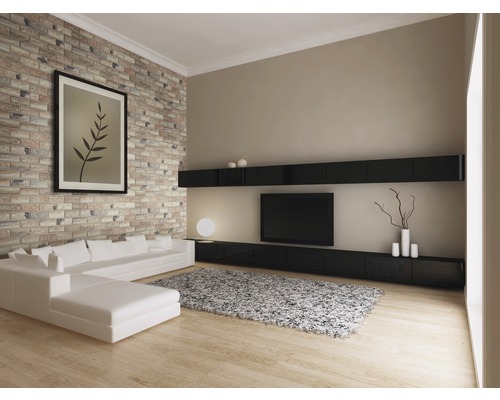 Cameră de zi cu perete de cărămidă, canapea albă, dulap TV negru și covor