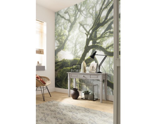 Cameră decorativă cu fototapet, masă și covor pentru o atmosferă confortabilă