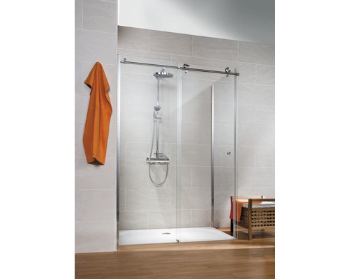 Ușă duș glisantă cu perete lateral Schulte MasterClass, 120x90x200 cm, Ușă duș glisantă stânga, sticlă securizată transparentă, profil cromat