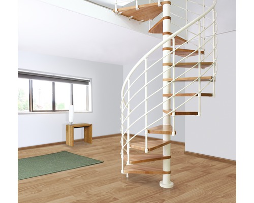 Scară spirală interior Pertura Koralia Ø 120 cm alb fag 299 cm Scară spirală din lemn și metal într-o cameră luminoasă