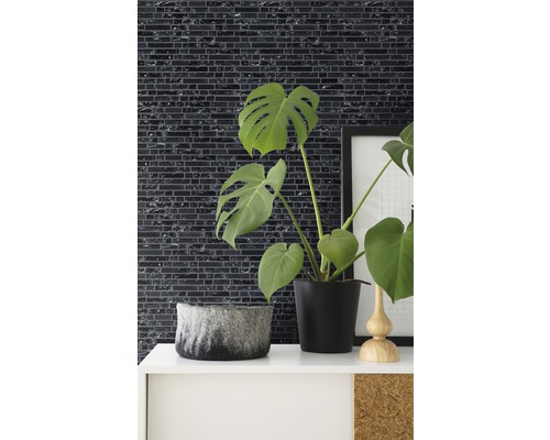 Design decorativ de perete cu plăci de mozaic într-o cameră cu plante de interior și elemente decorative.