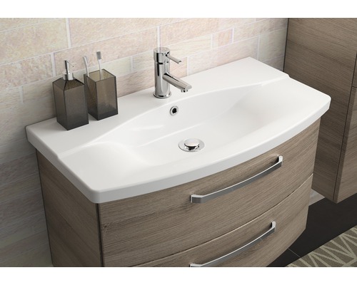 Dulap de bază pentru lavoar cu lavoar, robinet, dozator de săpun și suport pentru periuțe de dinți pentru baie