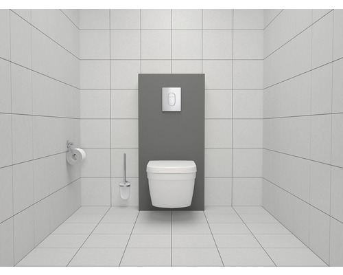 Baie modernă cu toaletă suspendată, faianță și perie WC