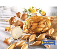 Șalote într-o plasă și cepe libere pe o masă de lemn