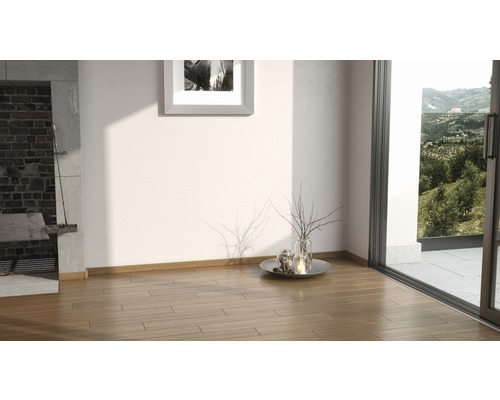 Cameră luminoasă cu șemineu, podea din lemn și ușă glisantă spre grădină