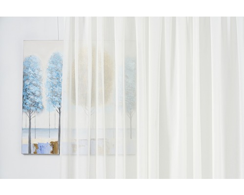 Cortină albă, transparentă, atârnă în fața unui tablou