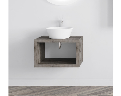 Lavoar cu vas de lavoar și dulap deschis din lemn dedesubt