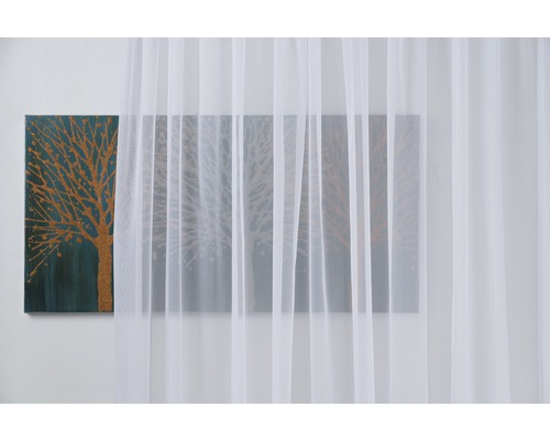 Material de perdea alb, transparent, în fața decorațiunilor de perete