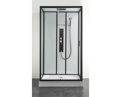 Cabină de duș completă cu cadru negru, cap de duș și armături