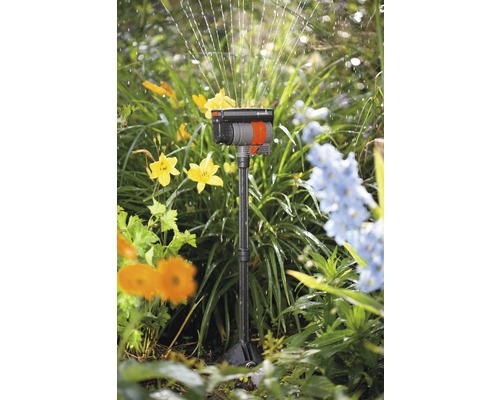 Scenă de grădină cu aspersor pătrat care udă plantele