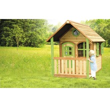 Căsuță de joacă din lemn cu verandă într-o grădină