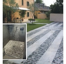 Exterior cu cărare de grădină din plăci de piatră și duș cu podea de pietriș