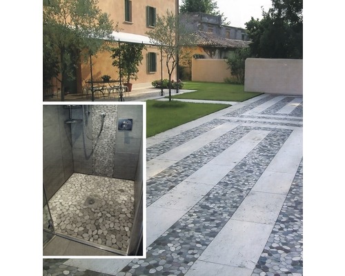 Exterior cu cărare de grădină din plăci de piatră și duș cu podea de pietriș