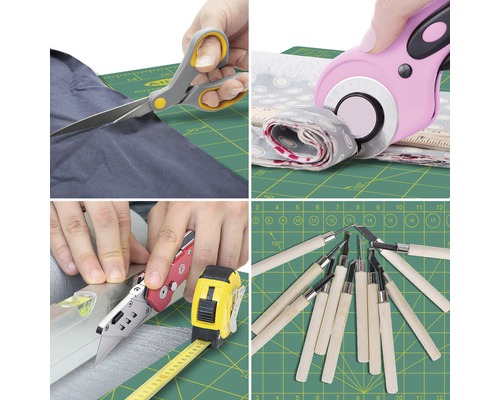 Colaj de diverse unelte de mână pe o placă de tăiat: foarfece, cutter rotativ, cuțit universal, instrument de măsură și unelte de sculptură.
