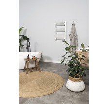 Baie cu cadă, radiator pentru prosoape, covor rotund și plante de interior