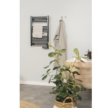 Baie modernă cu calorifer pentru prosoape, halat de baie și plantă