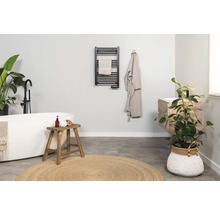 Baie luminoasă cu cadă, chiuvetă, calorifer pentru prosoape și plante de interior pentru o atmosferă prietenoasă