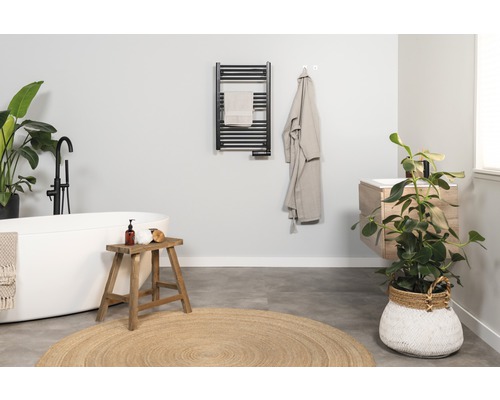 Baie luminoasă cu cadă, chiuvetă, calorifer pentru prosoape și plante de interior pentru o atmosferă prietenoasă