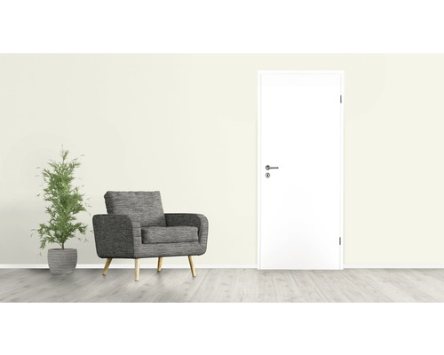 Scenă de living cu fotoliu, plantă de apartament și ușă interioară