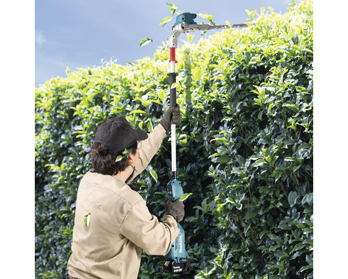 O persoană taie un gard viu cu o foarfecă de tuns gard viu cu acumulator.