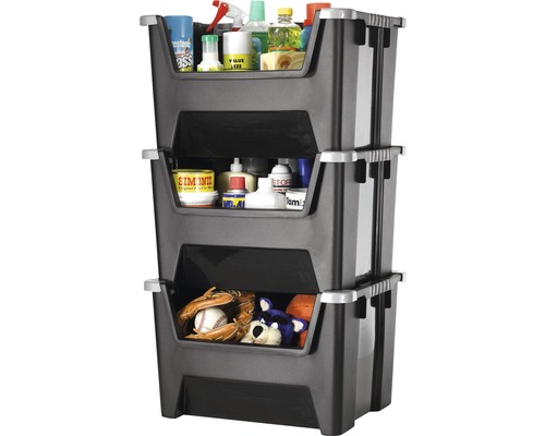 Trei cutii de depozitare gri din plastic, stivuite și umplute cu diverse articole