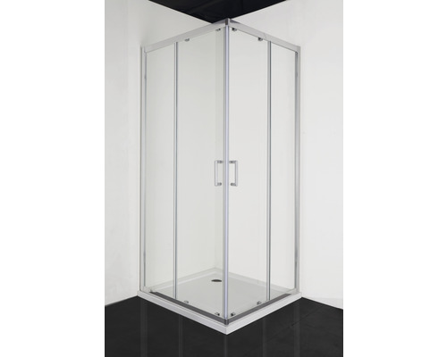 Cabină de duș pătrată Sanotechnik Elite E80SC 80 x 80 x 195 cm sistem Soft Close sticlă transparentă profil crom Cabină de duș pe colț cu uși glisante și cadă de duș în baie