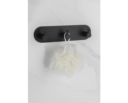 Bară neagră cu cârlige pentru baie, cu trei cârlige și burete de baie