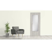 Scenă cu o ușă de interior cu inserție de sticlă, un fotoliu și o plantă în ghiveci