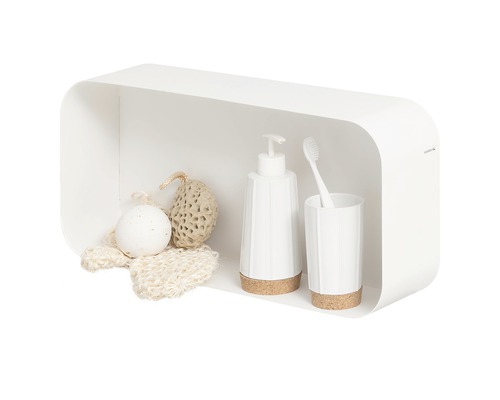 Raft alb de perete cu dispenser de săpun, suport pentru periuța de dinți, burete de baie și bilă de baie