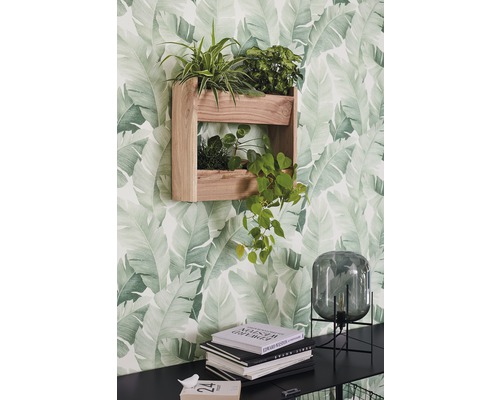 Raft de perete din lemn cu plante în fața unui tapet cu model de frunze