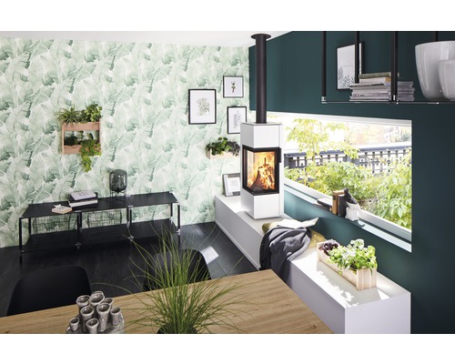 Living cu șemineu, plante și decorațiuni