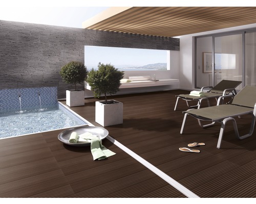 Terasa cu piscină, șezlonguri și jardiniere