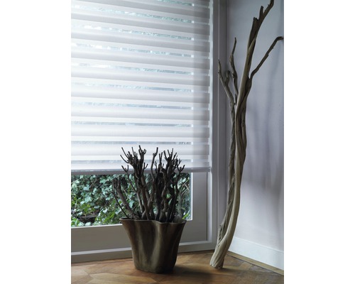 Rulou opacă în cameră cu elemente decorative în fața ferestrei