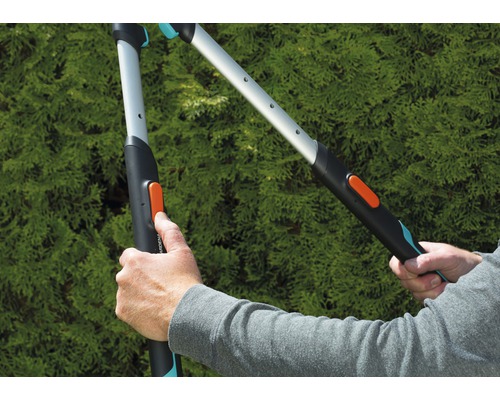 Două mâini manevrează o foarfecă de grădină în fața unui arbust verde.