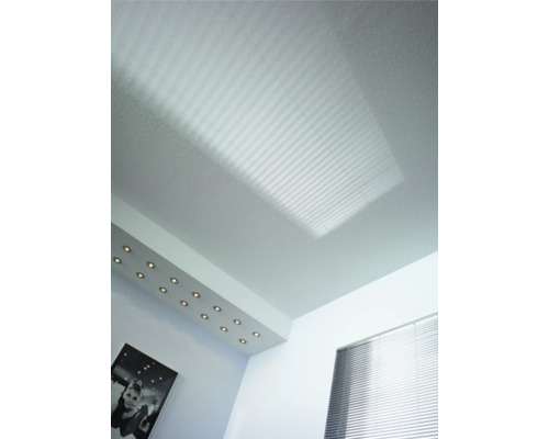 Tavan cu umbră de jaluzele, spoturi încastrate și imagine înrămată