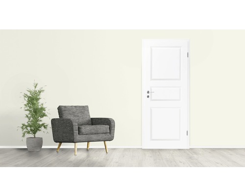 Scenă de living cu fotoliu, plantă de interior și ușă interioară