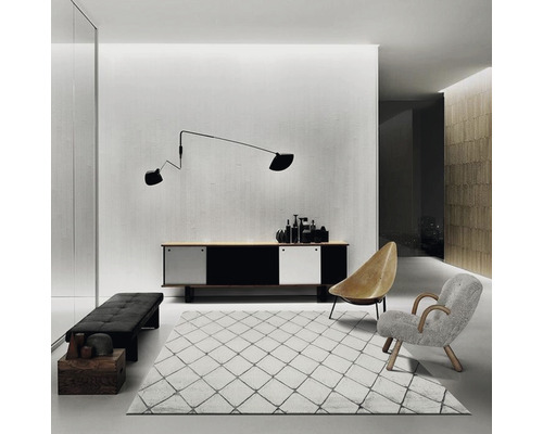 Living modern cu covor, bufet, lampă de perete și locuri de ședere.