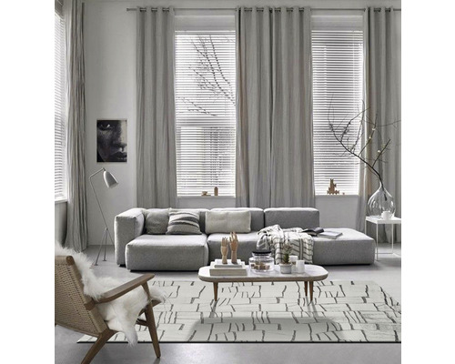 Living cu canapea, covor, perdele și jaluzele pentru o ambianță luminoasă și organizată.