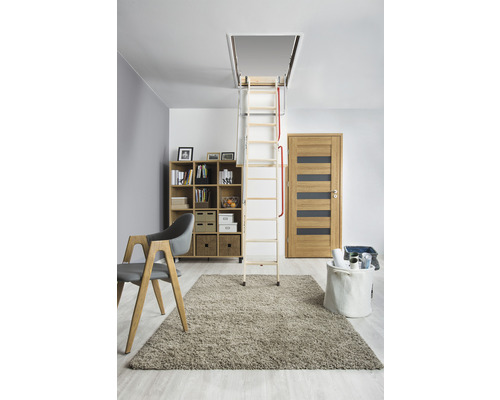 Scară de pod din lemn într-un spațiu de locuit luminos cu rafturi și covor