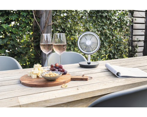 Ventilator de masă cu vin, brânză și struguri pe masă de lemn