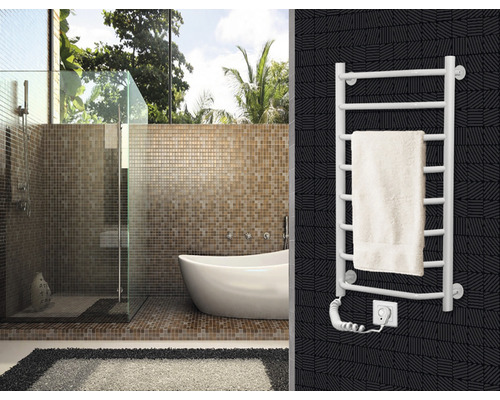 Baie cu cadă, duș și suport de prosoape încălzit cu prosop