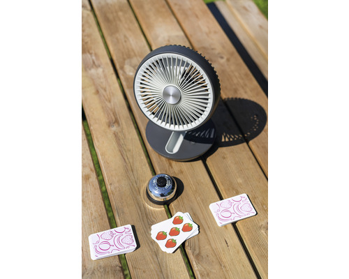 Ventilator de masă, clopoțel de joc și cărți cu motive de căpșuni pe o masă de lemn