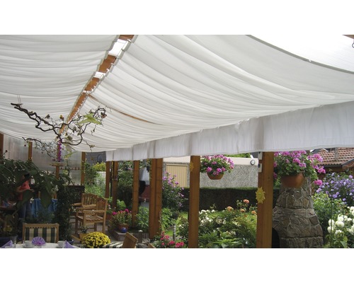 Copertină compatibilă cu sistemul de tensionare cu cablu, albă, 330x140 cm Foișor de grădină cu acoperiș din material textil, stâlpi din lemn și flori