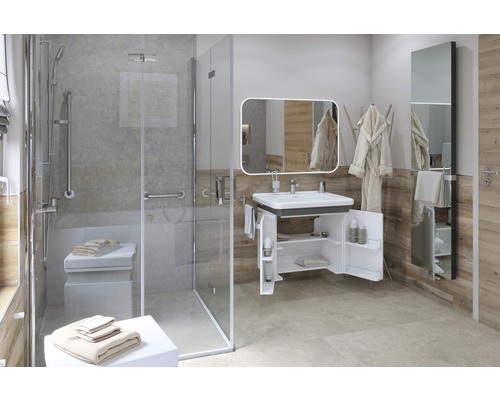 Baie cu duș fără nivel, lavoar cu dulap inferior, oglindă și suport pentru prosoape