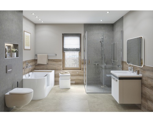 Baie cu duș fără nivel, cadă cu ușă, lavoar și toaletă suspendată pentru locuințe fără bariere