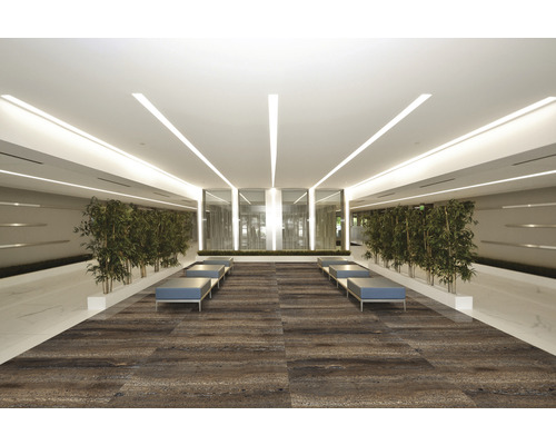 Hol spațios cu podea de gresie, bănci și plante