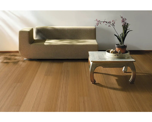 Cameră de zi cu parchet din bambus, canapea și masă